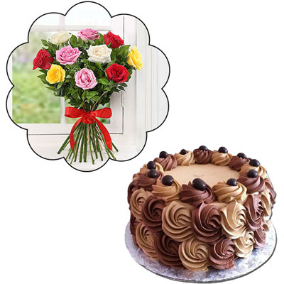 "Chocolate cake - 1kg, 10 Mixed Rose Flower Bunch - Click here to View more details about this Product